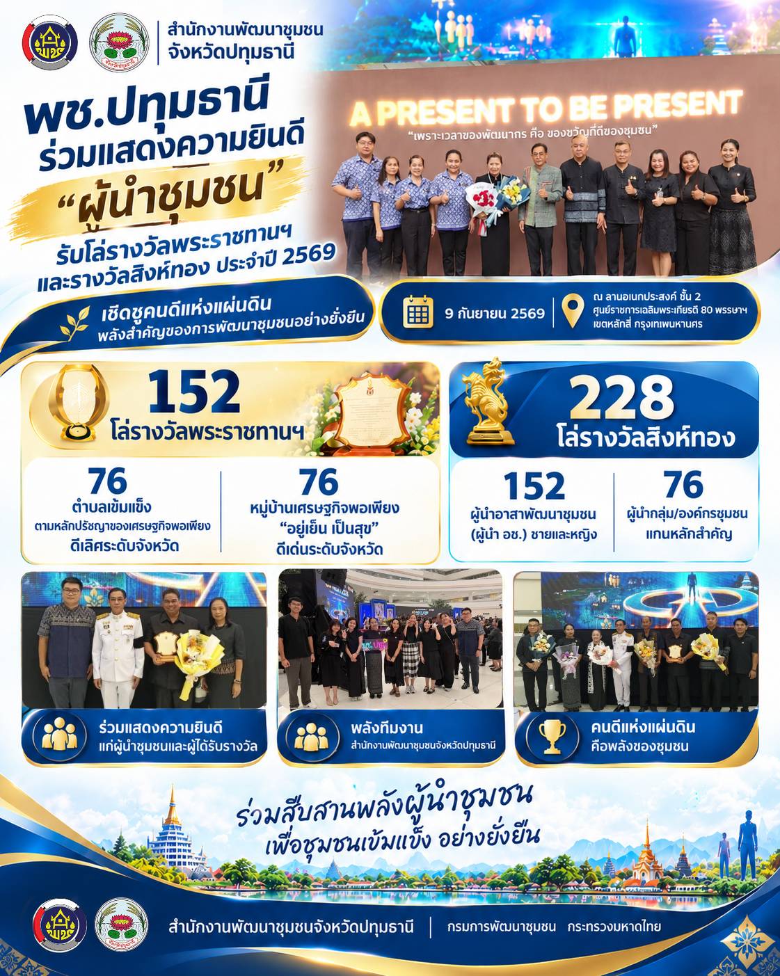 พช.ปทุมธานี ร่วมแสดงความยินดี “ผู้นำชุมชน” รับโล่รางวัลพระราชทานฯ และรางวัลสิงห์ทอง ประจำปี 2569 เชิดชูคนดีแห่งแผ่นดิน